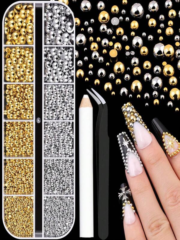 Silver And Gold Nail Charms And Gems, 1-5mm Half Round Flatback Nail Pearls Ball Beads For Nails With Pickup Pencil And Tweezers, Pearl Nail Charm Rhinestones For Crafting Face Hair Manicure DIY