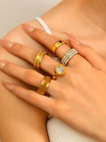 4/5 Pieces Fashionable And Exquisite Stainless Steel Ring 18k Gold Plated With Diamonds Round Square Ring Suitable For Women'S Daily Wear Dating Play Wedding Engagement Holiday Gift Jewellery