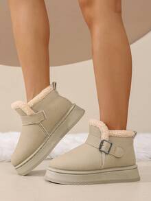 2025 Winter New Fashion Thick Fur Lining Snap Closure Plush Thick Sole Snow Boots, Warm, Anti-Slip, Suitable For Outdoor, Plus Size Mid-Calf Turnover Fur Snow Boots