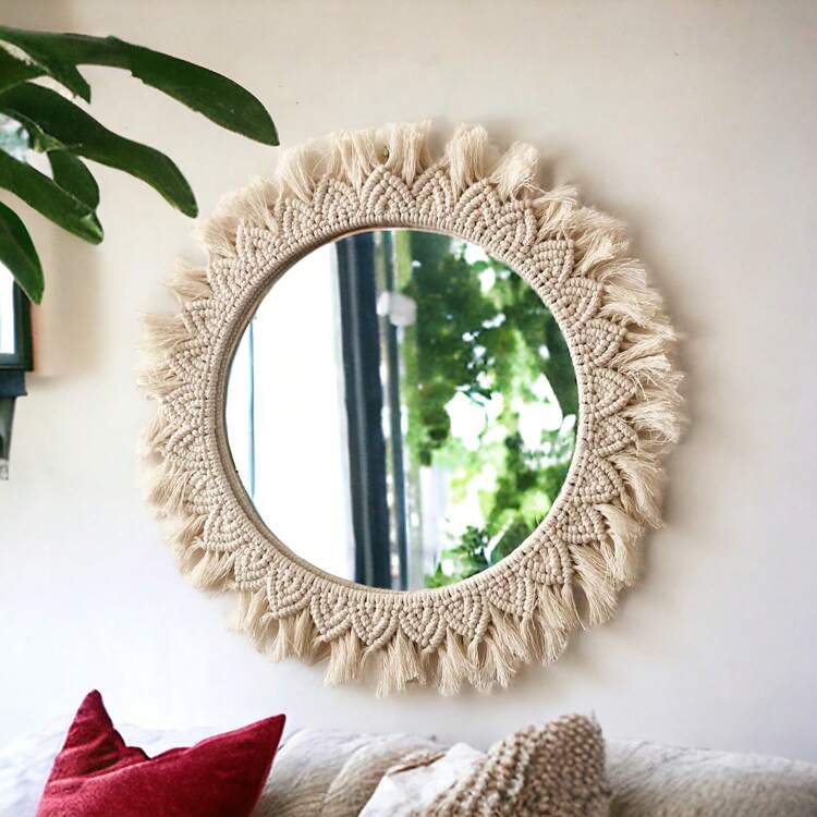 1pc Macrame Wall Hanging Makeup Mirror, Boho Style Wall Decor Round Tapestry Acrylic Mirror, Handwoven Leaf Edge Wall Hanging, Decoration For Living Room, Bedroom, Office - White - View 10