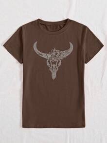 JOYY Rhinestone Shiny Long Horn Cow T-Shirt, Cow Skull Bohemian Style Unique Rhinestone Decor Women Loose Crew Neck Short Sleeve T-Shirt, Suitable For Outdoor Gatherings, Parties, All Seasons