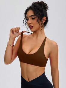 ATTRACO Áo ngực thể thao nữ cổ chữ V sâu, dây chéo, không lưng, thích hợp cho tập luyện ngoài trời, chạy bộ, tập thể dục, Pilates mùa xuân. - màu nâu - Xem 3