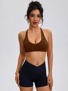 ATTRACO Áo ngực thể thao nữ cổ chữ V sâu, dây chéo, không lưng, thích hợp cho tập luyện ngoài trời, chạy bộ, tập thể dục, Pilates mùa xuân. - màu nâu - Xem 4