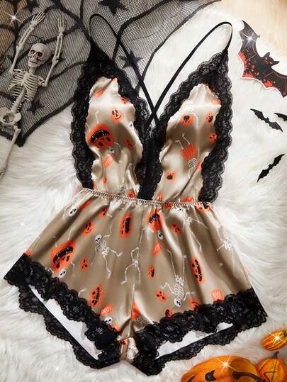Halloween Women Sexy Teddy Lingerie, Cross Strap Adjustable Shoulder Straps V Neck One Piece Nightgown, Lace Trim Pumpkin Head Pattern Sexy Sleepwear