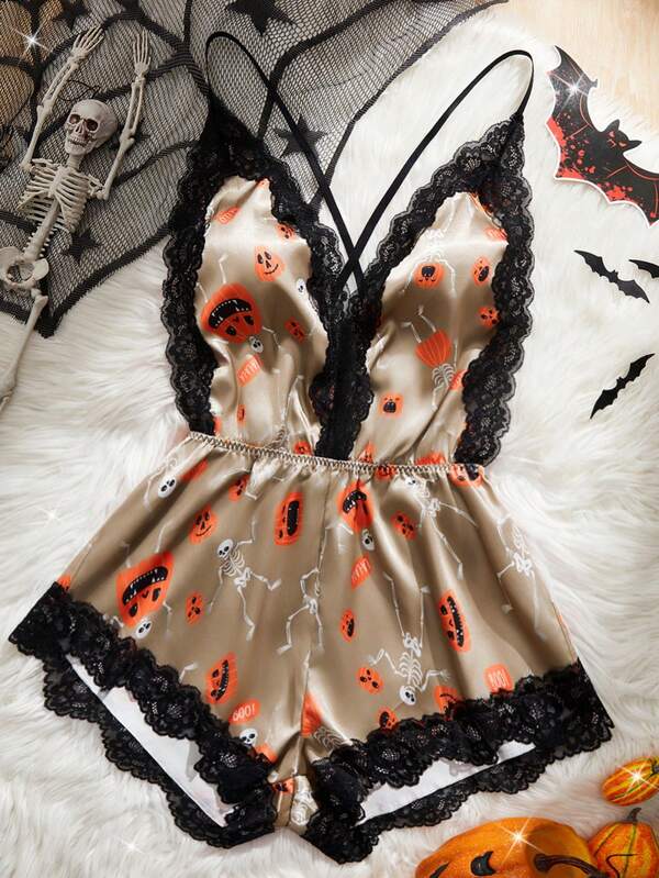 Halloween Women Sexy Teddy Lingerie, Cross Strap Adjustable Shoulder Straps V Neck One Piece Nightgown, Lace Trim Pumpkin Head Pattern Sexy Sleepwear