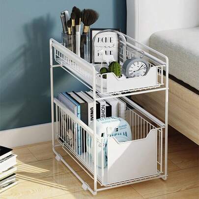 Pull Out Cabinet Organizer, 2-Tier Storage Wire Baskets With Sliding Storage Drawer, Carbon Steel Sliding Drawer Shelf Baskets For Kitchen Pantry Bathroom14.7''D*11.1''W*17.32''H