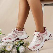 2025 Autumn 2024 Spring/Summer New Thick Sole Soft Leather Platform Chunky Sneakers, Women Mesh Breathable Running Shoes Casual Sport Shoes - Đỏ - Xem 3