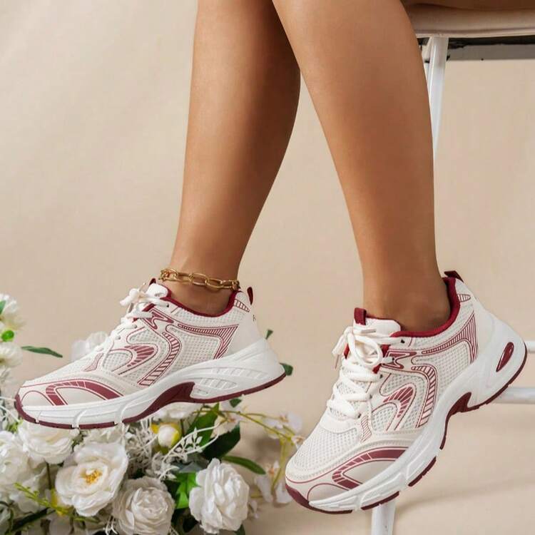 2025 Autumn 2024 Spring/Summer New Thick Sole Soft Leather Platform Chunky Sneakers, Women Mesh Breathable Running Shoes Casual Sport Shoes - 紅色 - 查看 3