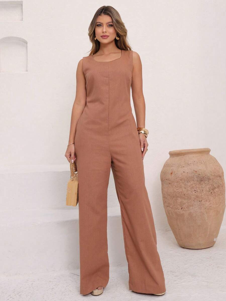 Elegant Linen Wide Leg Jumpsuit With Discreet Pockets - Mocaccino - View 1