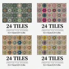 24 pièces Autocollants muraux de style bohème pour cuisine, salle de bain et entrée, imperméables et résistants à l'humidité. Autocollants de carrelage PVC autoadhésifs décoratifs. Papier peint, décoration murale, décoration de chambre, décoration de cuisine, décoration de la maison