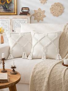 1pc Geometric Tufted Woven Square Decorative Pillow Case, Suitable For Home Decor (Pillow Insert Not Included) - White - View 8