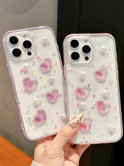 Cute 3D Pearl Heart Sequins Epoxy Decor Phone Case Compatible With IPhone 16 15 14 13 12 Pro Max 2N1 Clear Protective Back Cover