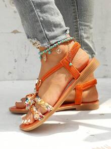 Women's Flat Sandals With Elastic Straps & Floral Design – Perfect For Beach Days And Travel,Plus Size Women's Sandals11 - quả cam - Xem 4
