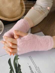 1 Pair Women's Solid Color Fuzzy Warm Fingerless Gloves, Outdoor/Indoor Use, Elastic Knitted Half Finger Gloves For Writing, Office, Autumn/Winter - Solid Color Mittens - View 7