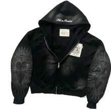 Unisex Heart-Embroidered Zip-Up Hoodie, Casual Distressed Long-Sleeved Hoodie. - Black - View 1