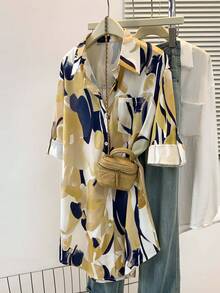 女士休闲长袖树叶印花衬衫，前襟纽扣开合，带口袋，卷边袖口，翻领设计，适合秋、冬、春季穿着。 - 黃色 - 查看 4