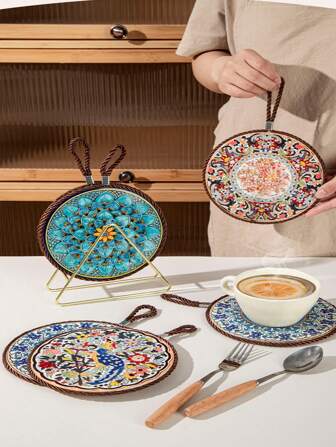 1 Piece Of Retro Heat Insulation And Heat-Resistant Sand Pot Anti Scald Pad, Ceramic New Chinese Dining Table Plate Pad, Ceramic Panel Heat Insulation And Anti Scald Pad, Cork Polymerization Bottom, Stable And Non Slip Placement, Heat Insulation And Anti Scald Protection Desktop, Simple Hanging Rope Hanging Design, Easy Storage.