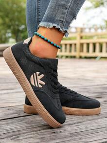 女士时尚休闲系带软底运动鞋，轻便百搭，适合所有季节和人群 - 黑色 - 查看 2