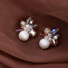 1 对夏季复古彩虹水晶巴洛克珍珠花耳钉，奢华法式优雅耳环 - 彩色 - 查看 5