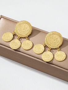 1 Pair Vintage Elegant Gold Coin Badge Earrings, Women's Daily, Party, Wedding Gift Accessories - Yellow Gold - View 3