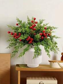 30pcs Christmas Artificial Pine Branches With Red Berries, Faux Norfolk Pine Needles, For DIY Crafts, Wreaths, Home Decor, And Christmas Tree Ornaments, Tabletop Plastic Greenery For Seasonal Fall, Winter, And Holiday Arrangements