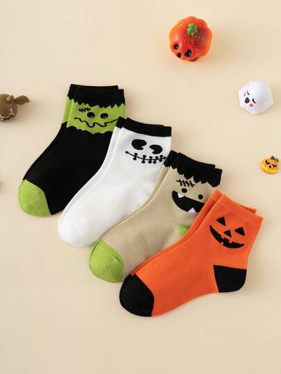 4 pares de calcetines de media caña con patrones de dibujos animados de calabazas de Halloween de colores contrastantes para niños, para todas las estaciones, talla europea y americana, cómodos y transpirables, con colores vibrantes, aptos para uso diario, de tela premium, sin asfixia