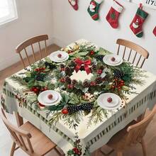 1pc Rectangular Tablecloth, Classic Red & Green Christmas Theme With Pine Branch & Berry Print, Suitable For Daily Family Gatherings, Living Room & Dining Room, Christmas Events, Durable Polyester Tablecloth, Stain Resistant