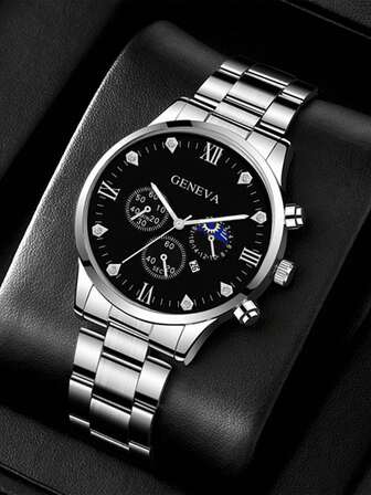 时尚简约商务高端三眼日历数字金钢带男士石英表休闲男表父亲节首选礼物送学生返校