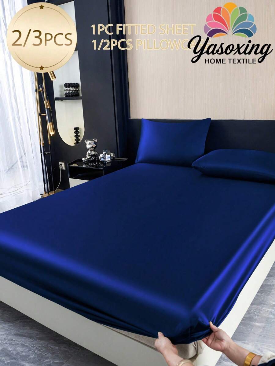2/3pcs Solid Color Navy Blue Satin Fitted Sheet Set Simulation Silk Fitted Sheet Set With 1pc Fitted Sheet+1/2pcs Pillow Case Without Filler, Modern Soft Bedding Set For Household Sheet Deep Pocket Up To 13.8 Inch Satin Pillowcase, Soft Breathable Wrinkle-Free Better For Sleep, Luxury Hotel Style, Gift For Mom Dad Friend Domitory Bedding Back School Bedding - Navy Blue - View 1