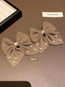 2pcs Fashionable & Sweet Bowknot Hair Clips, Suitable For Daily Use - Coffee Brown - View 2