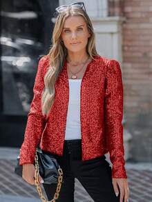 ChicMe 女式闪亮亮片前开襟西装外套，带垫肩，泡泡袖，长袖，纯色，时尚别致，适合派对鸡尾酒会 - 紅色 - 查看 4