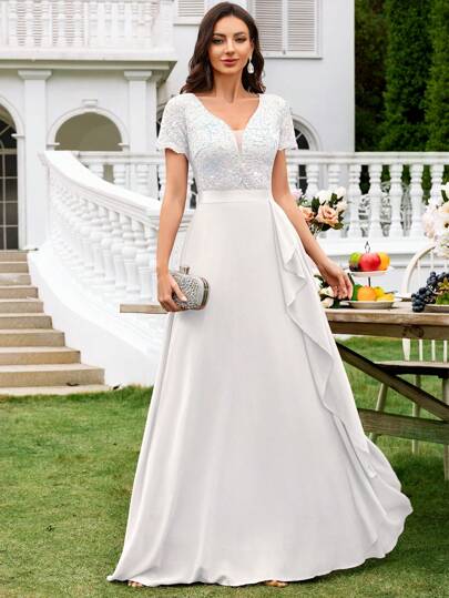 MIUSOL Deep V-Neck Contrast Sequin Lace Ruffle Trim Chiffon Formal Party Maxi Dress, For Valentine's Day