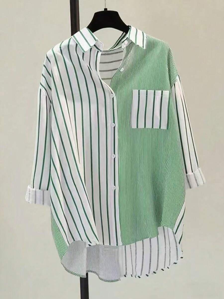 Women's Green Casual And Simple Striped Button Pocket Shirt For Daily Use In Spring, Summer, And Autumn.