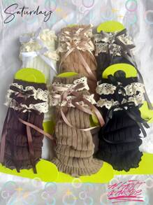 1双秋冬蕾丝长筒袜，洛丽塔蝴蝶结芭蕾舞风格，可爱腿套，异域风情Y2K，舒适 - 彩色 - 查看 2