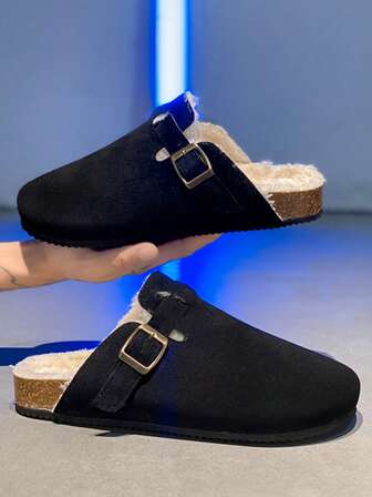 Winter Plush Sandals, Comfortable Non-Slip Men's Slippers, Soft Cork Soles Men's Clogs, White Thermal Lined For Comfort, High-Quality Brand Shoes, Outdoor Thick-Toe Men Sandals (Asymmetrical Pattern). Note: Due To The White Thermal Lined And Black Upper, Some White Fleece May Stick To The Upper, Which Is A Normal Phenomenon And Not Dirt.