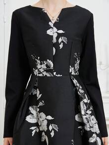 Luxury Jacquard Women's Long Sleeve Black V-Neck Party Dress