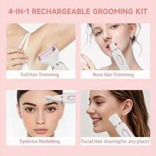 [Perfect Gift For Women] 4-In-1 Rechargeable Electric Razor For Women Face, Nose, Legs, Underarm, Bikini Trimmer, Women'S Electric Shaver Painless Grooming Kit - Portable USB Charging ,, Mother's Day Gifts,Great For Halloween, Christmas Gifts,Valentine's Day Gift - 白色 - 查看 7