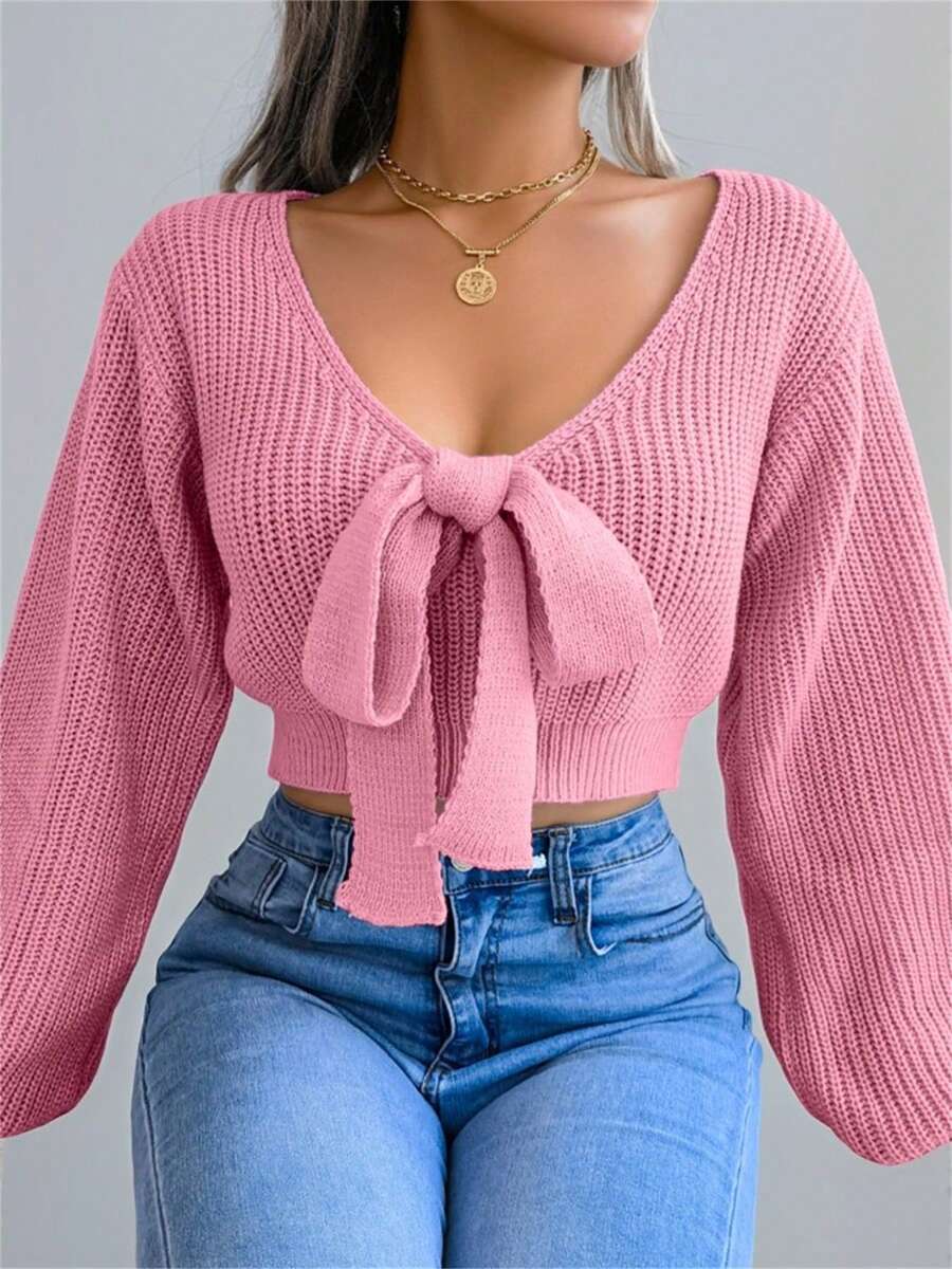 Y2K 女款短款毛衣 V 领泡泡袖腰部系带蝴蝶结纯色毛绒羊毛节日上衣