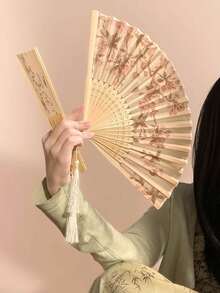 1PC Girls' Bamboo Folding China-Chic Small Fan Tassel Flower Props Costume Ancient Costumedance Bamboo Fan,Photography Props,Elegant, Comfortable And Gorgeous Style,Very Suitable As A Party Gift - Multicolor - View 10