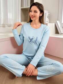 Mirano Slogan Print Short Sleeve Top & Cherry Pattern Long Pants Pajama Set - Baby Blue - View 1