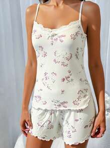 白色花卉图案女式无袖短裤套装 - 白色 - 查看 3