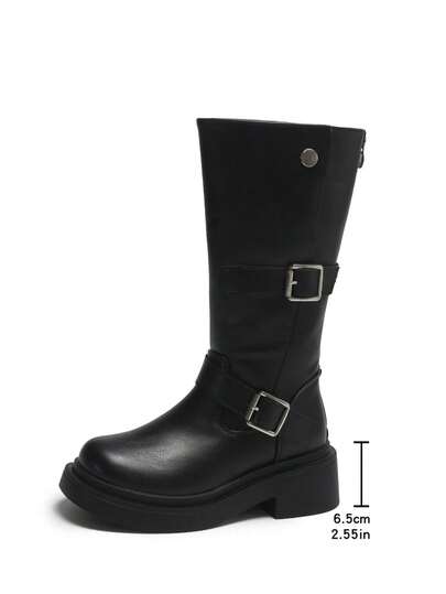 2026 New Thick Sole Western Fashion Boots For Women, Double Belt Buckle High Shaft Knight Boots, Vintage Black Back Zipper Chunky Heel Mid-Calf Boots
