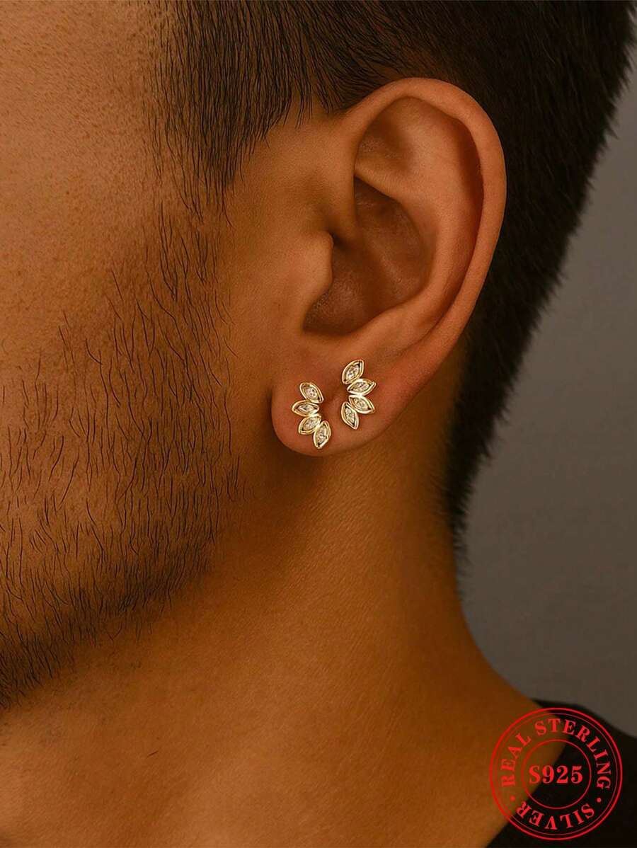 一对 S925 纯银蝴蝶莲花结耳钉，优质男士日常配饰和礼物 - 彩色 - 查看 1