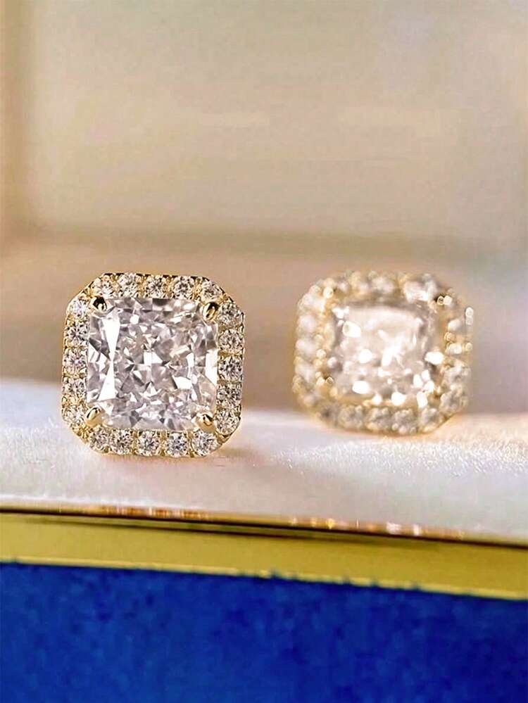 1 Pair Elegant Cubic Zirconia Stud Earrings, Suitable For Women, Suitable For Weddings, Engagements, Anniversaries, Parties, Valentine's Day And Other Occasions - Yellow Gold - View 2