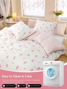 2/3件套粉色蝴蝶结爱心印花床上用品套装，纽扣封口被套 - 1个被套和1/2个枕套，透气轻盈，是送给亲人的绝佳礼物（不含被芯），适用于单人床、双人床、大号床、特大号床，适合家庭、宿舍等场所。可机洗。 - 彩色 - 查看 8