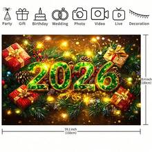 1 Piece Of 2026 New Year Celebration Backdrop - Dazzling Green And Gold Tones, With Red Gifts, Golden Pine Branches And Bright Yellow Lights, Suitable For Christmas, New Year Celebrations, Holiday Gifts, Weddings, Proposals, Birthdays, Anniversaries, Theme Parties, Event Displays, Bedrooms, Living Rooms, Gardens And Outdoor Decorations, Studio Props