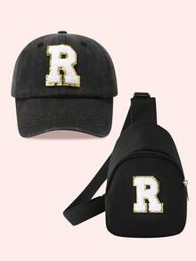 2件套儿童男童纯色26字母棒球帽和卡车帽配迷你背包套装，女童2件套轻便便携式零钱包，适合日常户外防晒