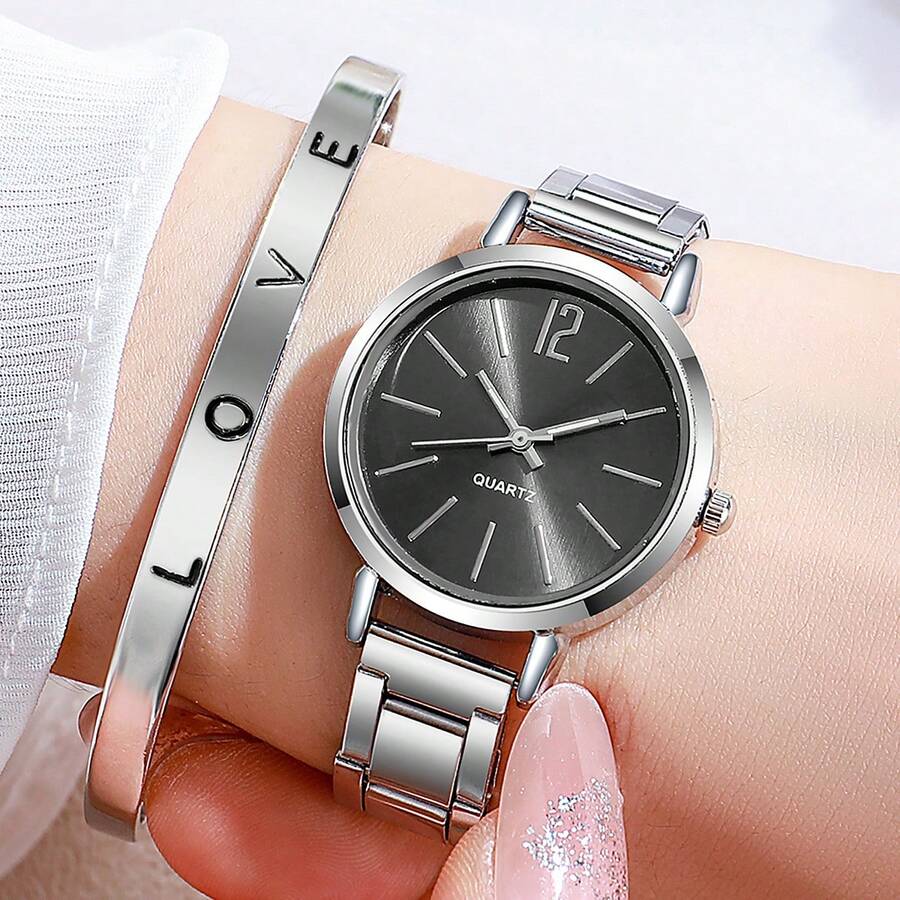 2 件套奢华金色女士手表女士手链不锈钢 LOVE 手链女士礼物 - 銀色 - 查看 1