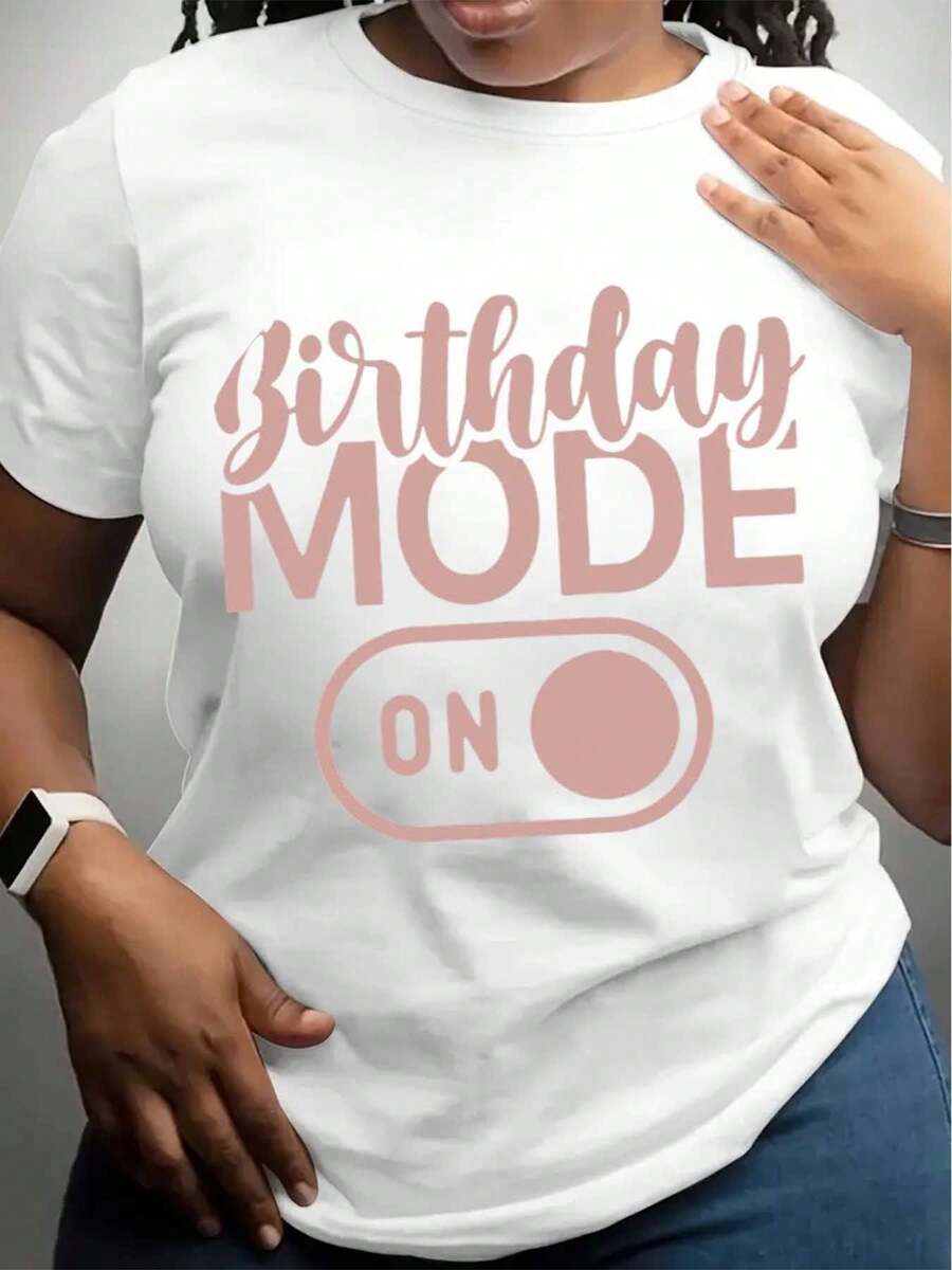 Birthday MODE ON Graphic Women's T-Shirt - Vintage Casual Short Sleeve Round Neck Top With Pink Lettering & Power Button Design, Soft Breathable Fabric, Regular Fit For Birthday Party Outfits & E - 白色 - 查看 1