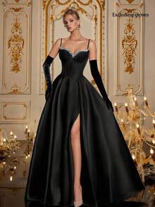 Alluring Black Spaghetti Strap High Slit Long Dress, Adorned With Hand-Embellished Rhinestones, Suitable For Elegant Ladies' Party Dress, Formal Evening Gown, Wedding Guest Dress, Appropriate For Graduation Ceremony, Banquet, Formal Attire Spring - Black - View 1